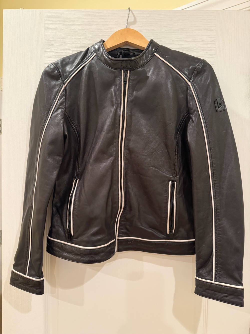 Mauritius Black Leather Zip-Front Women's Jacket with White Piping